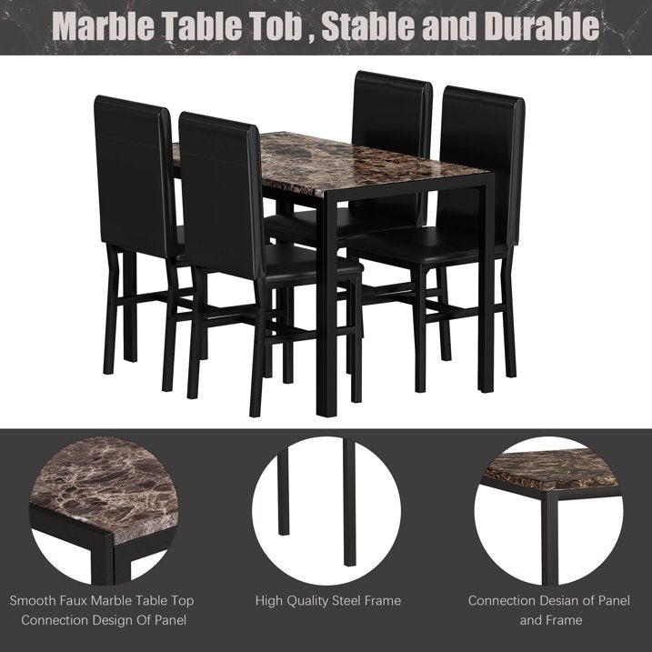 Kitchen Dining Table Set, Metal Kitchen Table Sets with 4 Chairs, Faux Marble Rectangular Breakfast Table w/Metal Legs & Black Finish Frame, Dining Table Sets for an Apartment Breakfast, SS1288