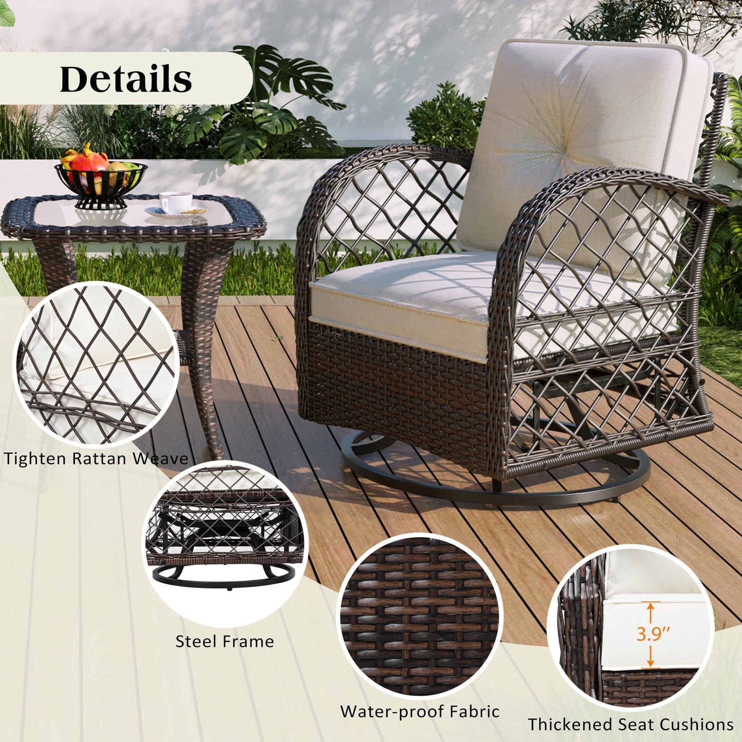 Patio Wicker Chairs Swivel Rocker, Segmart Outdoor Swivel Rocking Chairs Set of 2 with Rattan Side Table, Patio Swivel Glider Chair 3 Piece Patio Furniture Sets for Patio Porch Pool, Brown