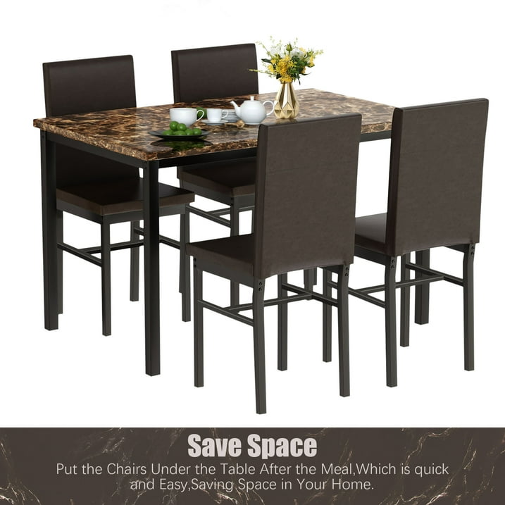 Kitchen Dining Table Set, Metal Kitchen Table Sets with 4 Chairs, Faux Marble Rectangular Breakfast Table w/Metal Legs & Black Finish Frame, Dining Table Sets for an Apartment Breakfast, S12528