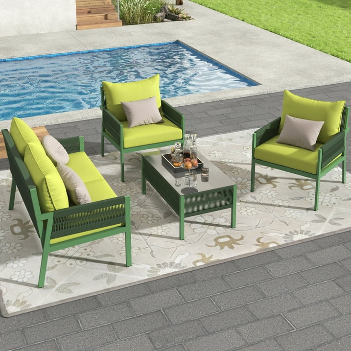 Segmart Wicker Patio Furniture Sets, 4PCS Outdoor Wicker Patio Sectional Sofa w/4 Padded Cushions, Tempered Glass Coffee Table, Armchair, Conversation Sets for Porch Backyard Garden, Gray