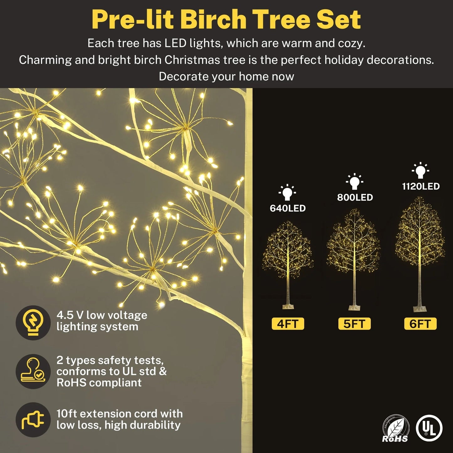 3-Pieces Lighted Birch Trees Sets, SEGMART 6FT+5FT+4FT White Pre-lit Christmas Trees with 650 LED, Stand and Timer, Artificial Christmas Decorations for Festival, Party