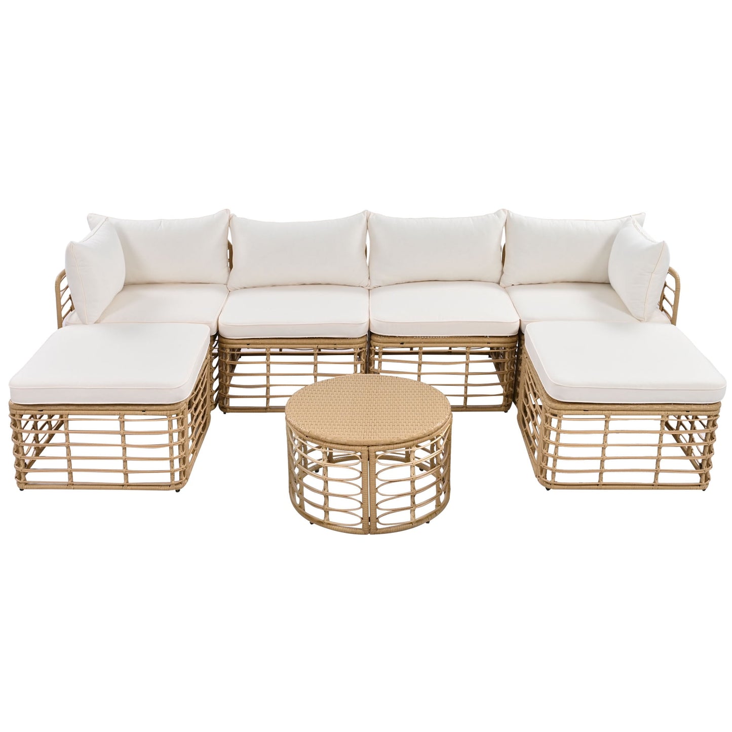 7 Pieces Patio Furniture Set, Wicker Sectional Table and Chairs Sets, Patio Conversation Set with Sectional Chaise Longue, Coffee Table, Suitable for Porch Backyard Garden, Beige