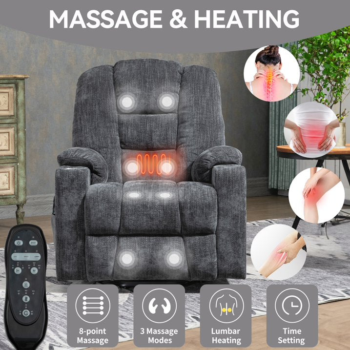 Power Lift Recliner Chair with Massage and Heat for Elderly, Segmart Overstuffed Wide Recliners, Heavy Duty Motion Mechanism with USB and Type C Ports, 2 Steel Cup Holders, Dark Gray