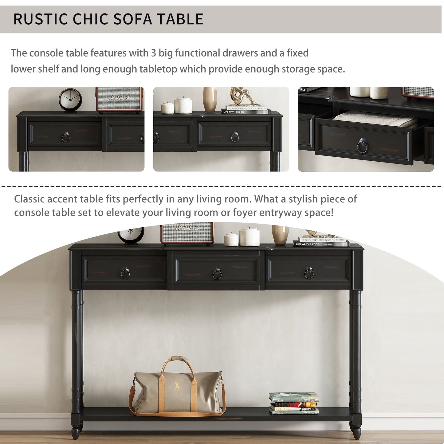 Segmart Black Console Sofa Table with 3 Drawers, Wood Buffet Sideboard Desk Bottom Shelf, Retro Tall Entryway Table MDF panel for Kitchen Dining Room Cupboard