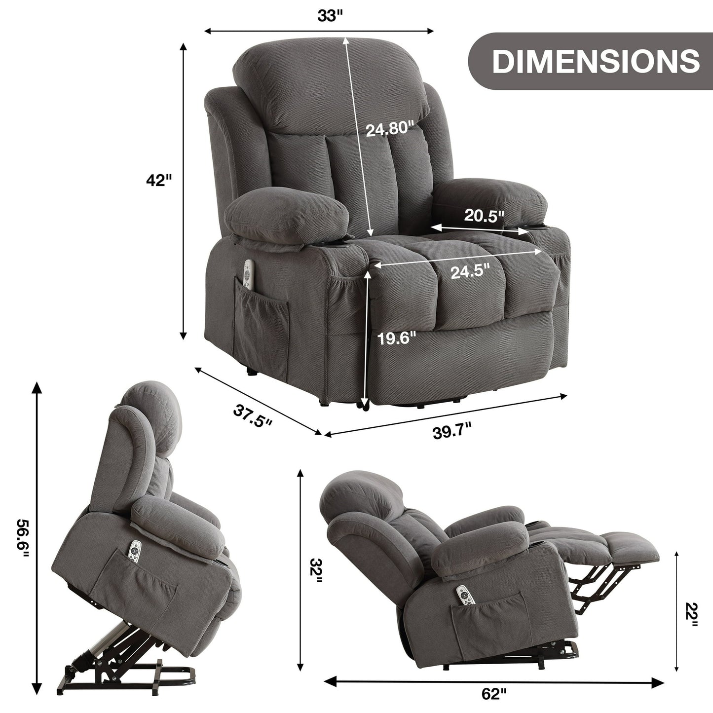 Segmart Electric Power Lift Overstuffed Fabric Recliner Chair with USB Port, Gray