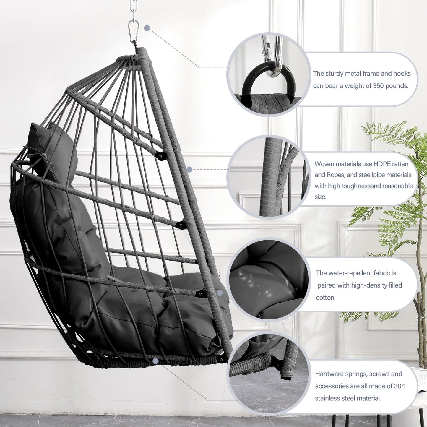 Patio Hammock Hanging Chair, Outdoor Wicker Swing Egg Chair with Stand and Cushion, 250LBS Capacity All-Weather UV Patio Rattan Lounge Chair for Patio, Deck, Yard, Garden, Beige, SS1880