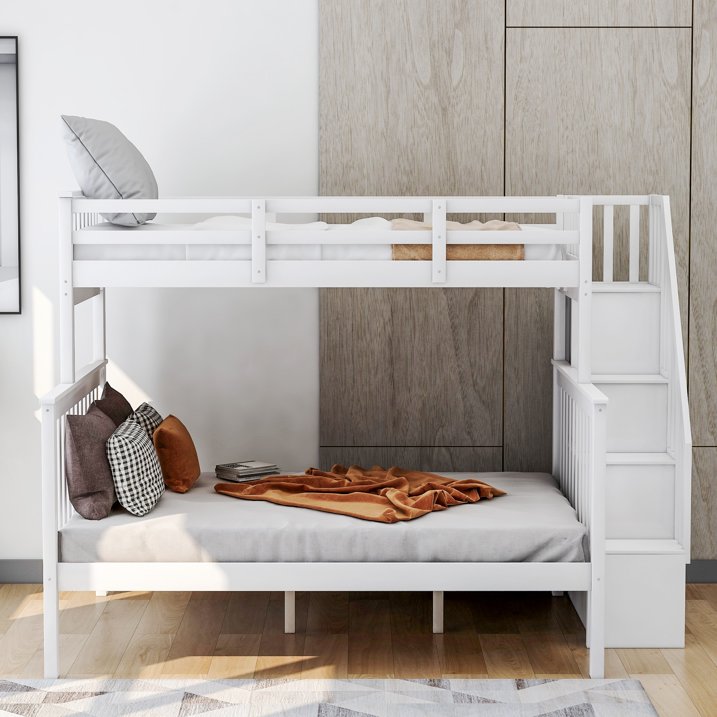 SEGMART Wood Bunk Beds , 76.97'' x 51.57'' Solid Wood Twin-Over-Full Bed, Sturdy Wood Twin-Over-Full Bunk Beds w/ 4 Storage Shelves, 4-Step Ladder, Full-Length Guardrails, 250lbs, S1914