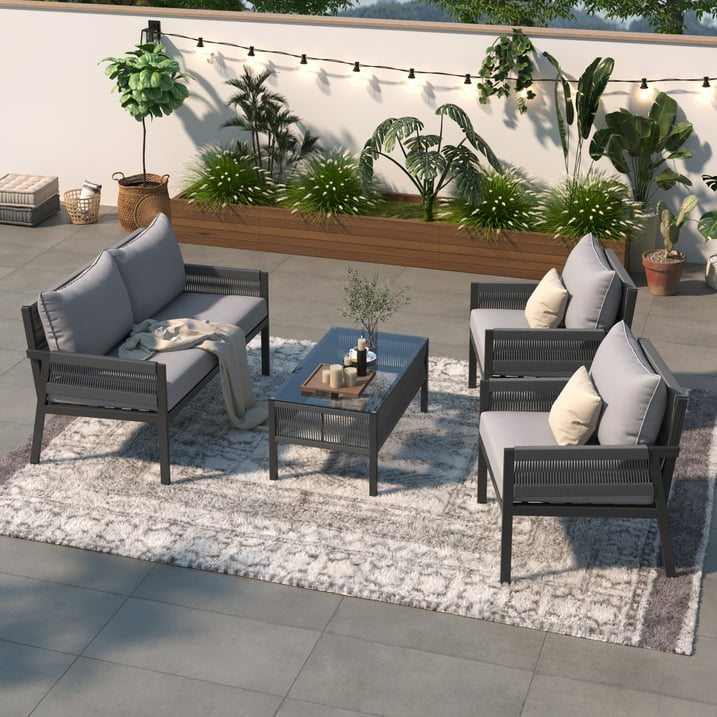 Segmart Wicker Patio Furniture Sets, 4PCS Outdoor Wicker Patio Sectional Sofa w/4 Padded Cushions, Tempered Glass Coffee Table, Armchair, Conversation Sets for Porch Backyard Garden, Beige