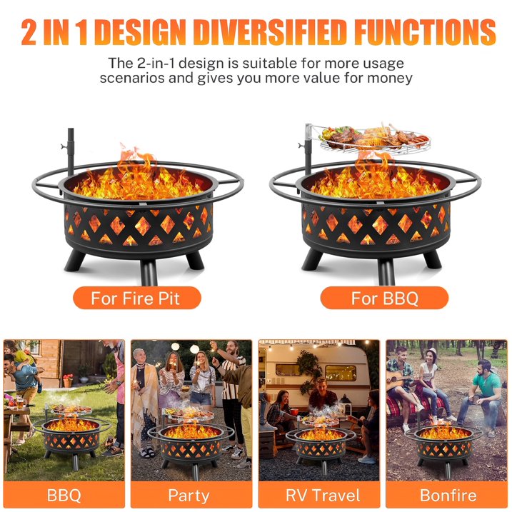 Segmart Fire Pit with Grill Grate, 30'' Outside Round Wood Burning Cooking Bonfire Firepit Bowl with Spark Screen, Diamond Vents Decor Firepit for Outdoor Backyard Garden Patio Bonfire BBQ, Black