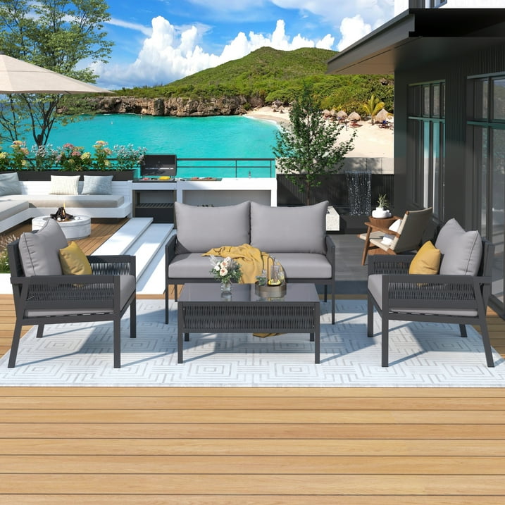 Segmart Wicker Patio Furniture Sets, 4PCS Outdoor Wicker Patio Sectional Sofa w/4 Padded Cushions, Tempered Glass Coffee Table, Armchair, Conversation Sets for Porch Backyard Garden, Beige