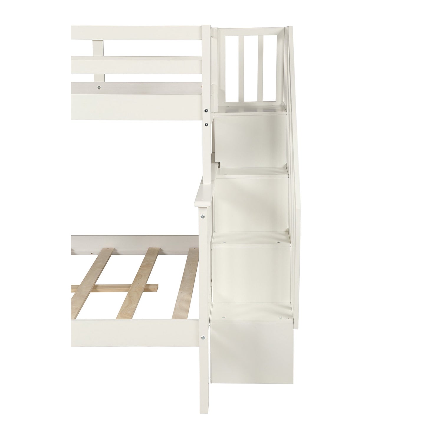 SEGMART Wood Bunk Beds , 76.97'' x 51.57'' Solid Wood Twin-Over-Full Bed, Sturdy Wood Twin-Over-Full Bunk Beds w/ 4 Storage Shelves, 4-Step Ladder, Full-Length Guardrails, 250lbs, S1914