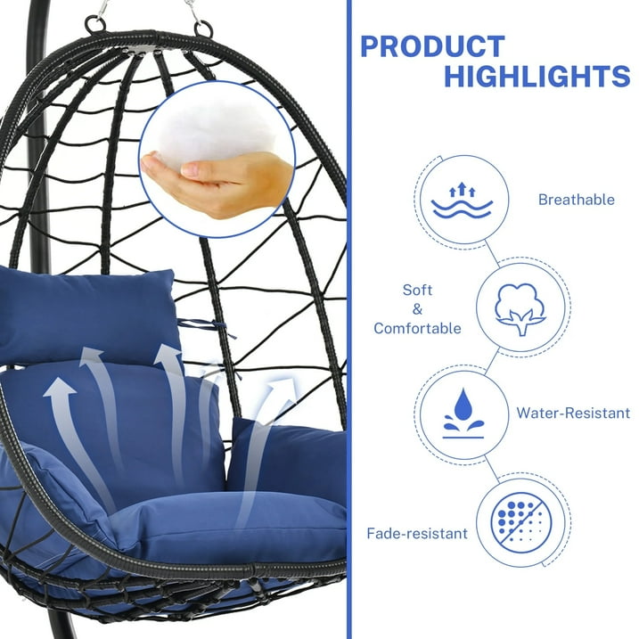 Wicker Hanging Egg Chair with Stand and Cushion, Outdoor Swing Egg-Shaped Chair w/Hanging Kits, Durable All-Weather UV Patio Rattan Lounge Chair for Bedroom, Patio, Deck, Yard, Garden, 350lbs, Navy B