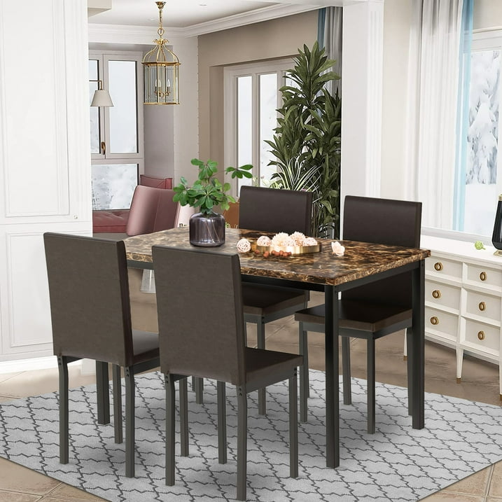 Kitchen Dining Table Set, Metal Kitchen Table Sets with 4 Chairs, Faux Marble Rectangular Breakfast Table w/Metal Legs & Black Finish Frame, Dining Table Sets for an Apartment Breakfast, S12528
