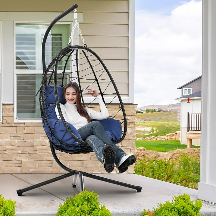 Wicker Hanging Egg Chair with Stand and Cushion, Outdoor Swing Egg-Shaped Chair w/Hanging Kits, Durable All-Weather UV Patio Rattan Lounge Chair for Bedroom, Patio, Deck, Yard, Garden, 350lbs, Navy B