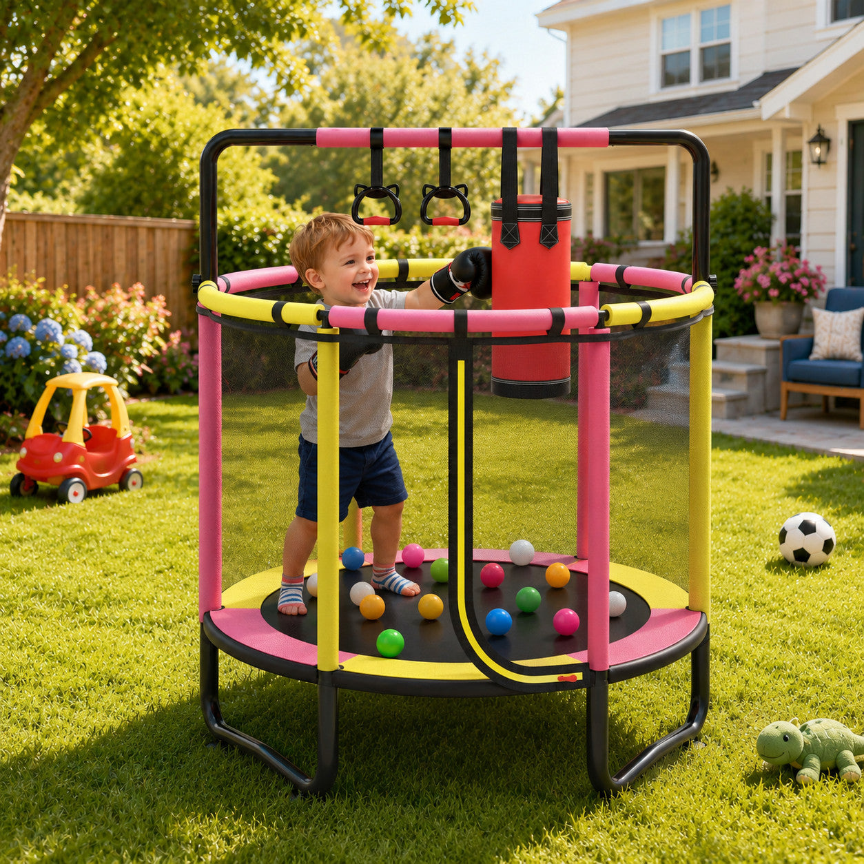 4.5FT Mini Trampoline for Kids Ages 3+, Indoor Toddler Trampoline with Enclosure Net, Padded Springs, Jumping Mat, Small Trampoline for Home Play, Kids Trampoline for Boys Girls