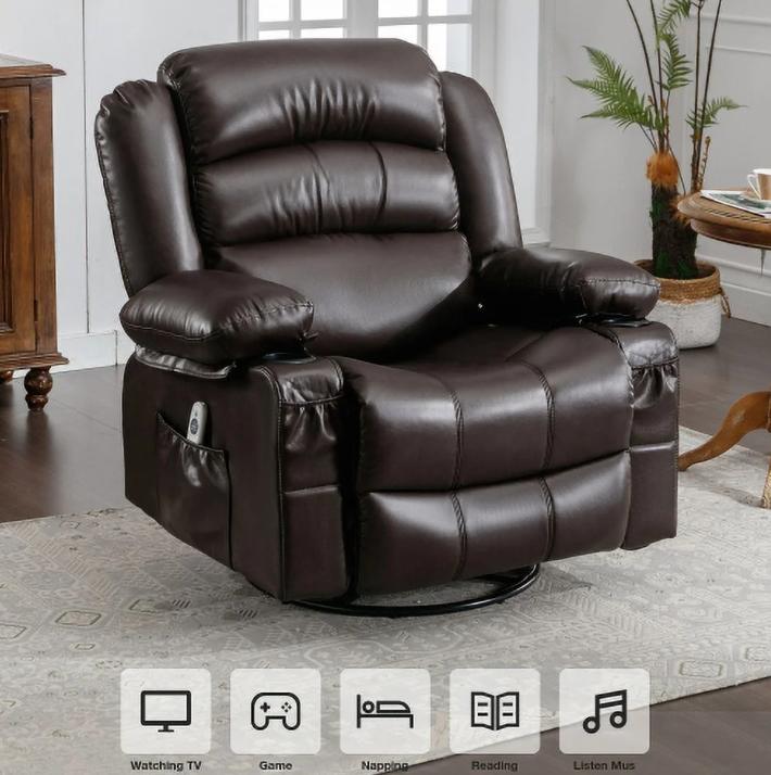 Segmart 360° Swivel Massage Recliner Chairs with Remote Control, PU Leather 8-Point Vibration Massage Recliner Chair with USB Charger, Cup Holders Bread-Type Handrail & Padded Seat Backrest, Brown