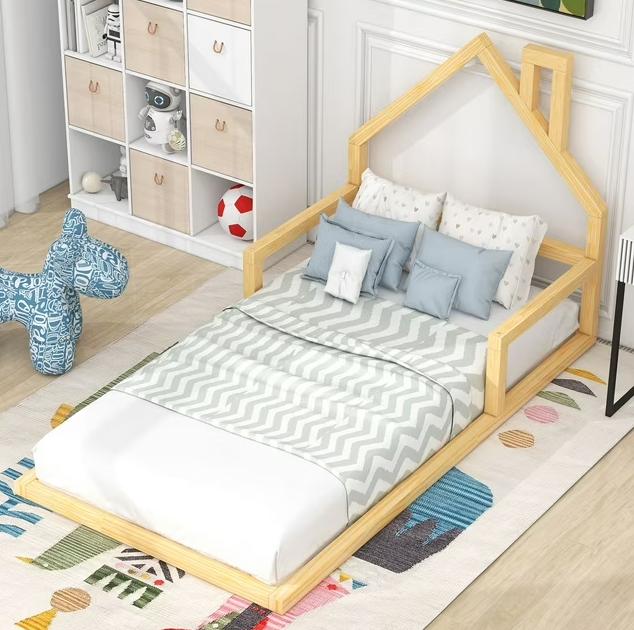 Twin Floor Bed for Kids, Segmart Twin House Bed with Safety Guardrails, Toddler Daybed Frame with Wood Slats, No Box Spring Needed, 200 lbs Weight Capacity, Natural