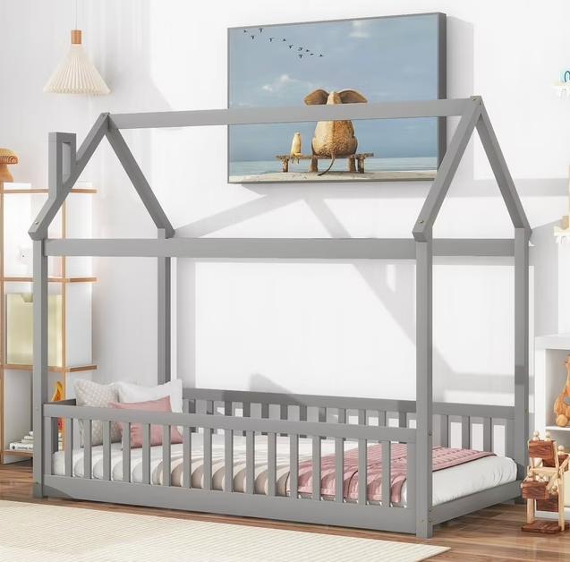 Twin Floor Bed for Kids, Segmart Twin House Bed with Safety Guardrails, Toddler Daybed Frame with Wood Slats, No Box Spring Needed, 200 lbs Weight Capacity, Gray