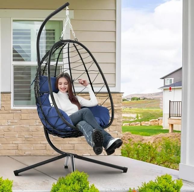 Outdoor Hanging Egg Chair, Garden Swing Egg Chair with Cushion and Stand, Wicker Swing Chair w/ Hanging Kits, Durable All-Weather UV Rattan Lounge Chair for Patio, Deck, Yard, 350lbs, Navy, SS1988