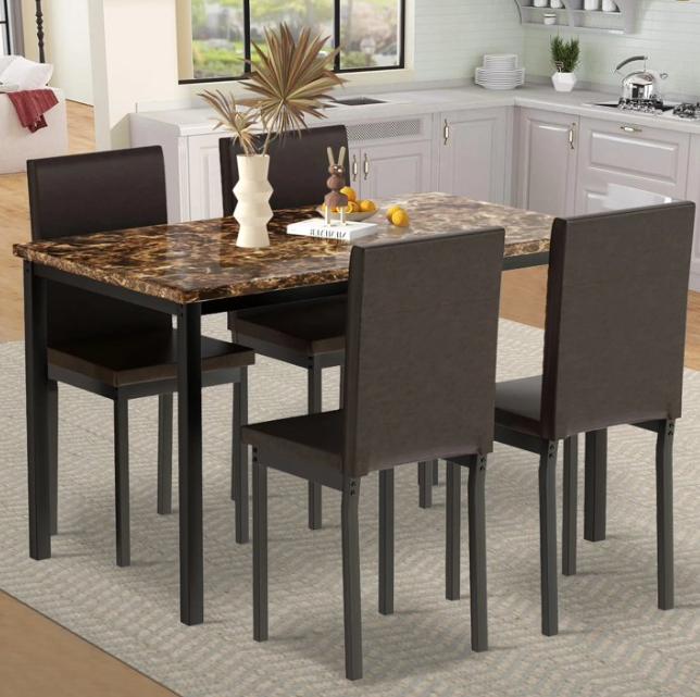 Kitchen Dining Table Set, Metal Kitchen Table Sets with 4 Chairs, Faux Marble Rectangular Breakfast Table w/Metal Legs & Black Finish Frame, Dining Table Sets for an Apartment Breakfast, S12528