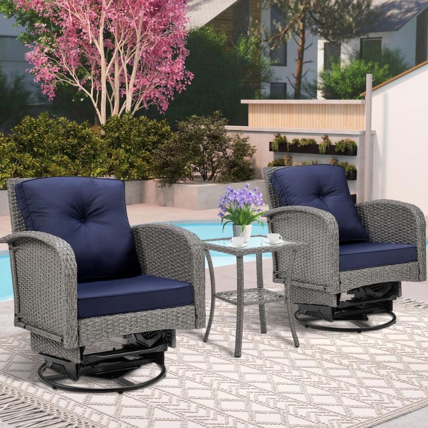 Segmart 3-Piece Outdoor Rocking Chairs Set, PE Wicker Rattan Conversation Bistro Furniture Sets with Glass Top Side Table for Porch Backyard, Max Weight, 360LBS, Dark Blue