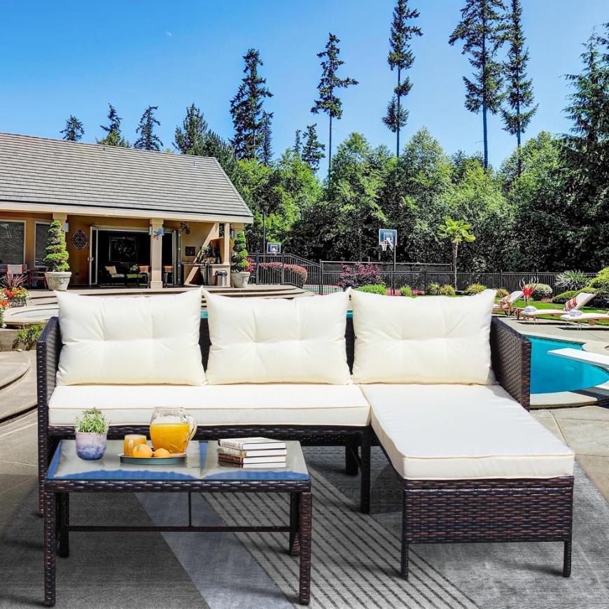 Segmart 3-Piece Outdoor Patio Furniture Sets, Wicker PE Rattan Conversation Loveseat Sofa Set with Tempered Glass Coffee Table, Sectional Couch for Porch Poolside Backyard, Beige, S8517