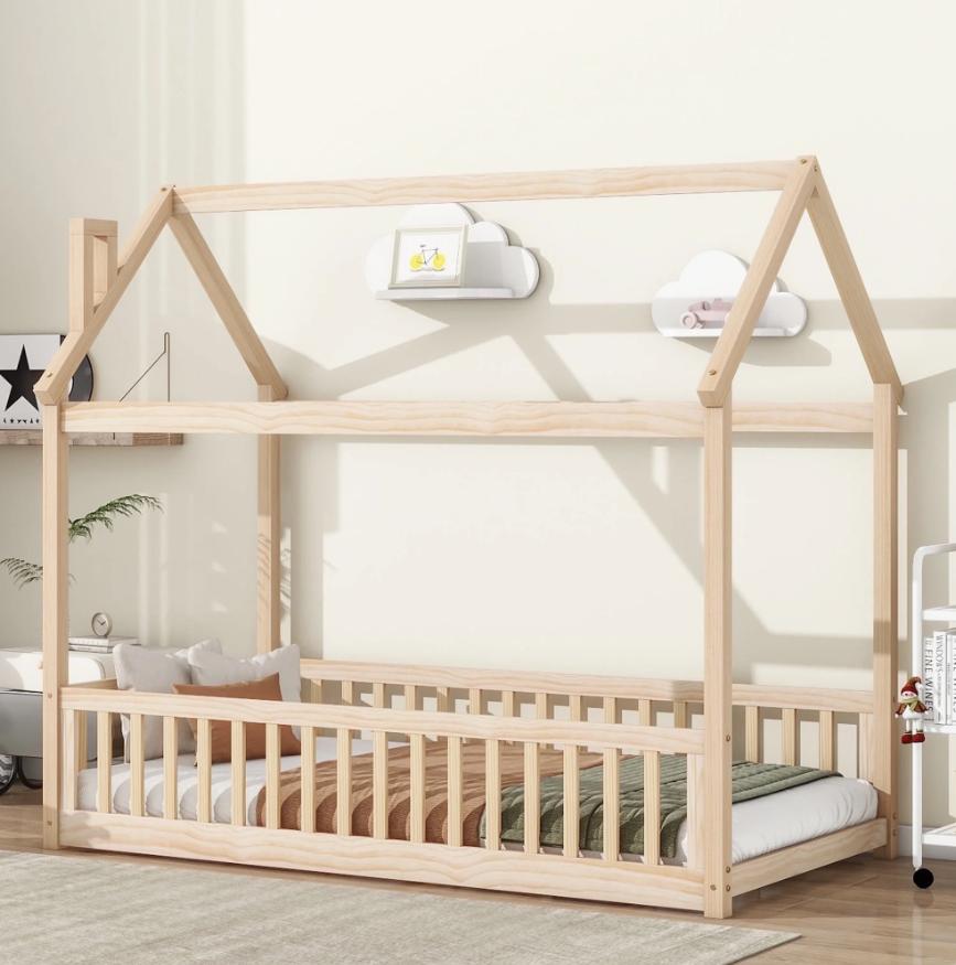 Twin Floor Bed for Kids, Segmart Twin House Bed with Safety Guardrails, Toddler Daybed Frame with Wood Slats, No Box Spring Needed, 200 lbs Weight Capacity, Natural