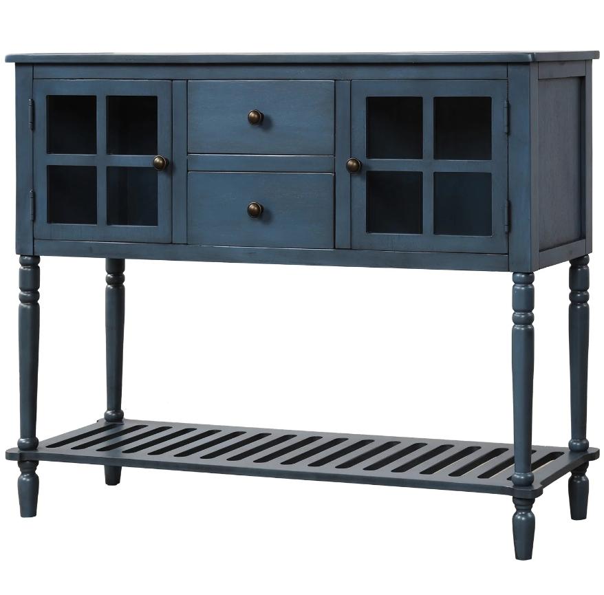 Console Table Buffet Sideboard with 2 Drawers and 2 Glass Cabinet, Retro Farmhouse Tall Wood Sideboard Cupboard w/Solid Wood Frame and Legs and Bottom Shelf for Kitchen, 114lbs, Antique Navy, S526