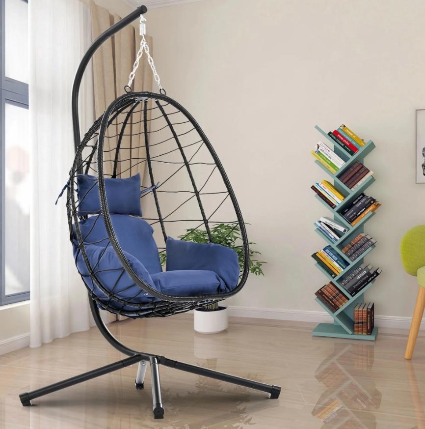 Wicker Hanging Egg Chair with Stand and Cushion, Outdoor Swing Egg-Shaped Chair w/Hanging Kits, Durable All-Weather UV Patio Rattan Lounge Chair for Bedroom, Patio, Deck, Yard, Garden, 350lbs, Navy B