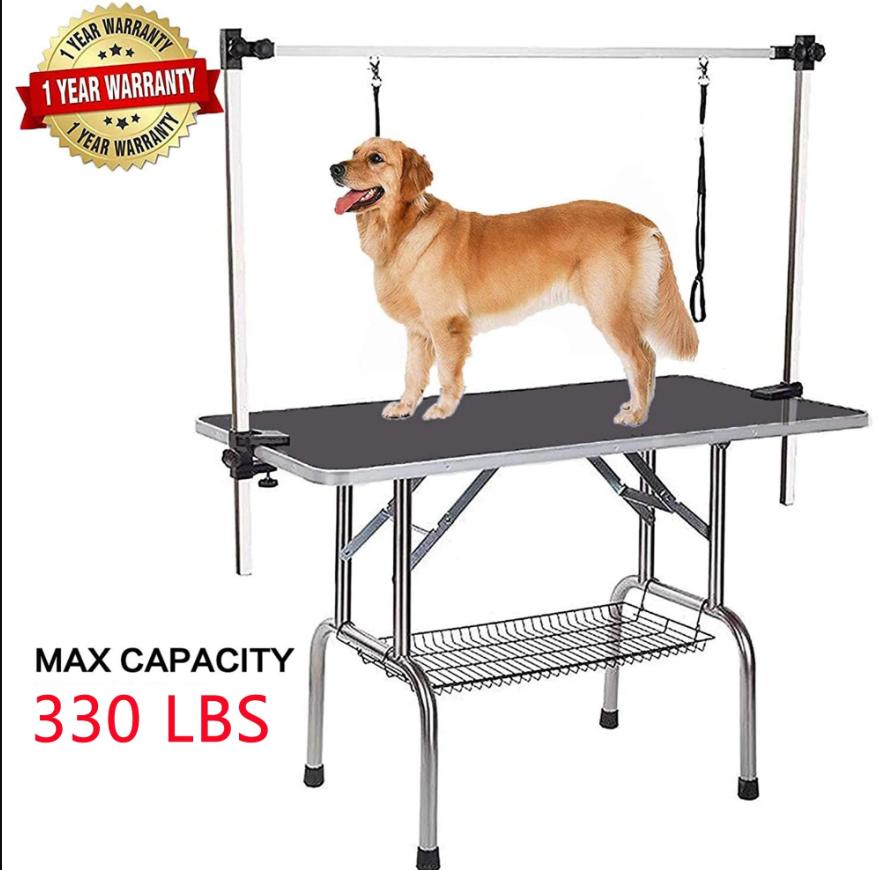 Grooming Table for Small Dogs, 2020 Newest 36'' Heavy Duty Stainless Steel Frame Foldable Table w/Adjustable with Arm/Noose, Maximum Capacity Up to 330lbs, Black, S8028