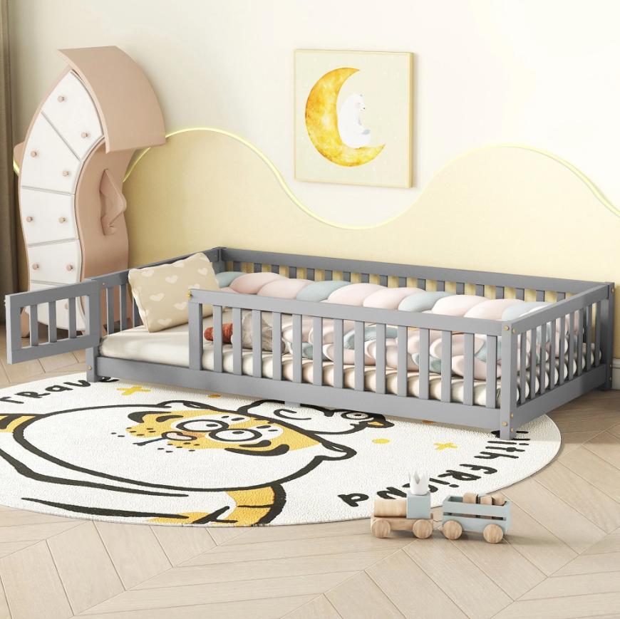 Segmart Wooden Twin Bed for Kids - Toddler Floor Bed Frame with Removable Guard Rails, Kids Bed for Ages 2-7 Years, Kid Bed for Girls and Boys, Standard Crib Size(Mattress Not Included), Gray
