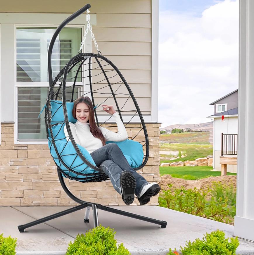 Outdoor Swing Egg Chair, Segmart Hanging Chair with Sturdy Stand and Fluffy Cushion, All-Weather Wicker Rattan Lounge Chair for Bedroom, Patio, Garden, Max Weight 350lbs