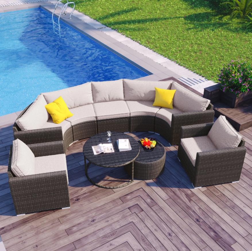9 Pieces Patio Furniture Set, Wicker Sectional Table and Chairs Sets, Patio Conversation Set with Sectional Chaise Longue, Coffee Table, Suitable for Porch Backyard Garden, Beige