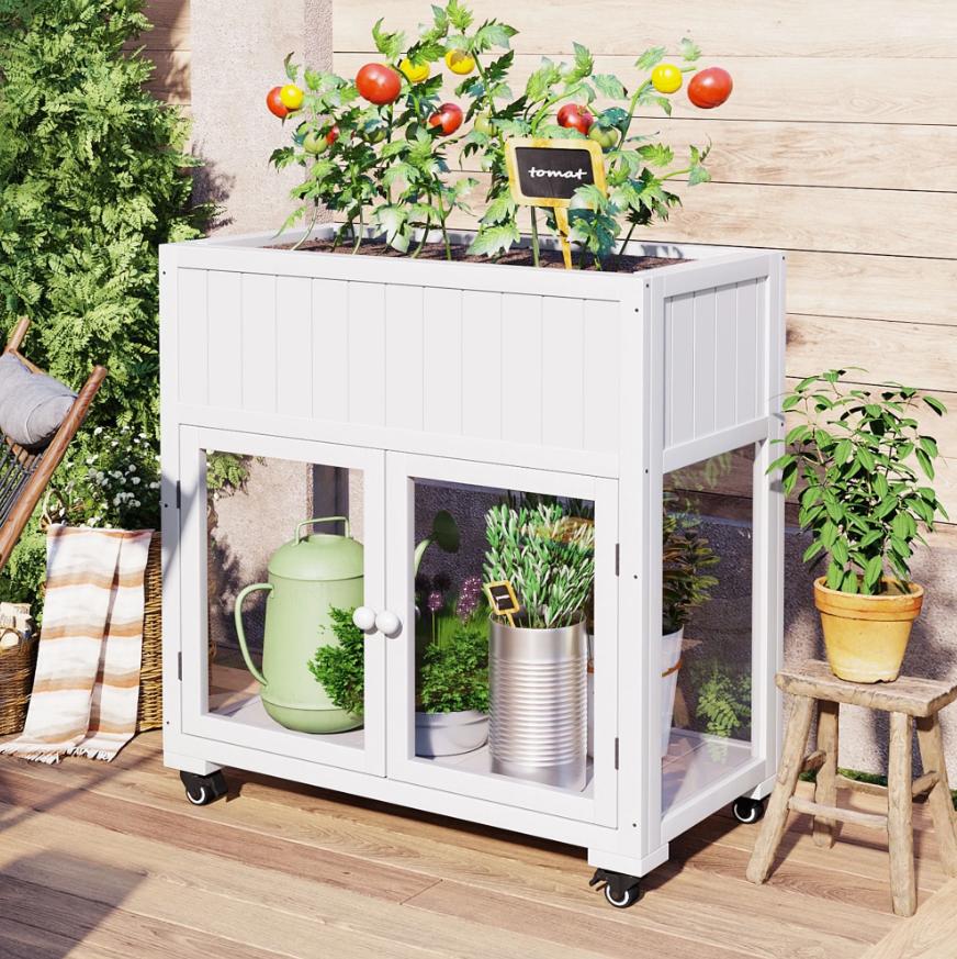 Segmart Mini Wood Cold Frame with 2 Doors,35.4''x17.7''x37.4'' White Raised Garden Greenhouse with Removable Wheels for Outdoor/Indoor Plants