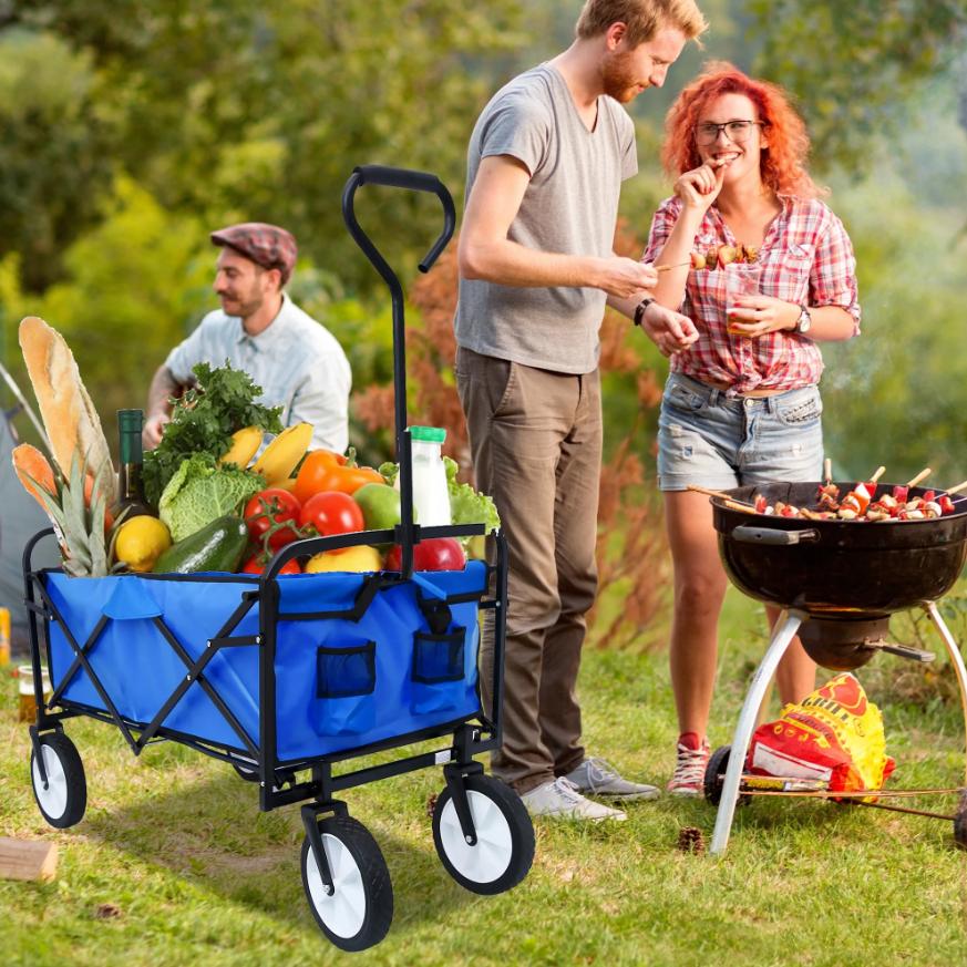 Collapsible Rolling Wagon Utility Cart w/ Wheels, 40.5"x21"x46.5" Folding Utility Canopy Wagon w/Adjustable Handle, 2 Mesh Cup Holders, for Outdoor, Beaches, Gardens, Parks, Shopping, S10483
