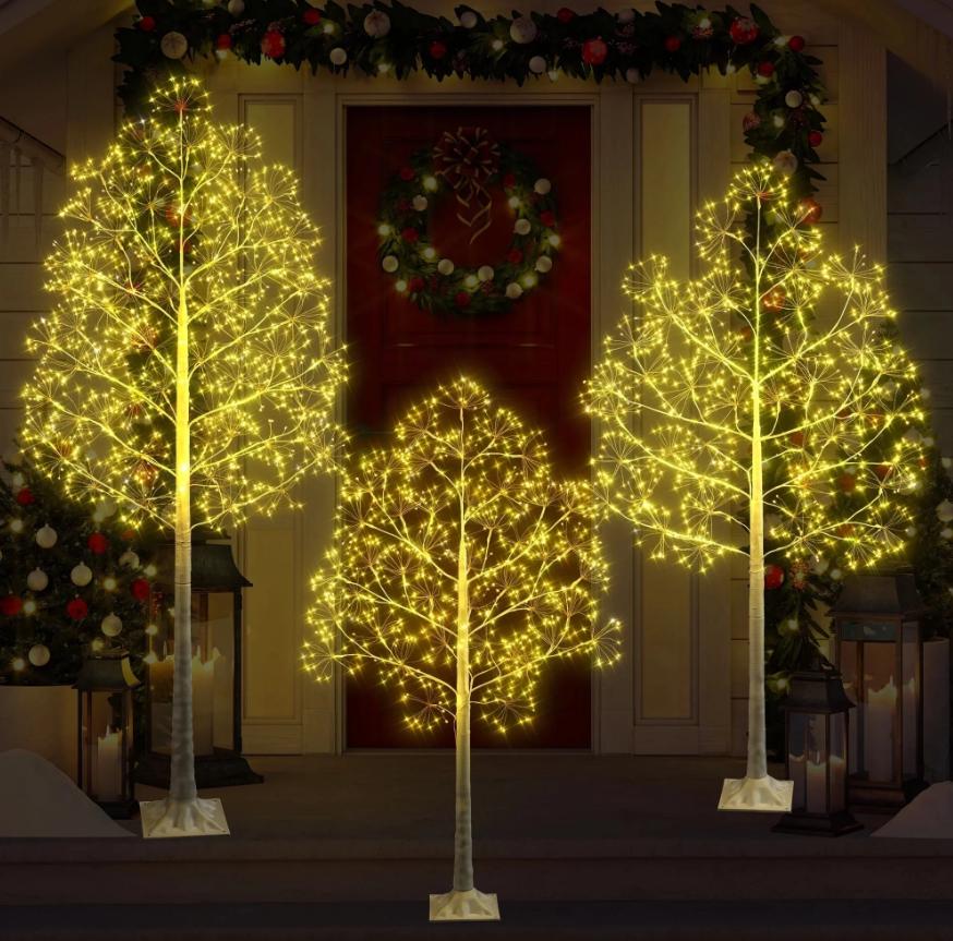 3-Pieces Lighted Birch Trees Sets, SEGMART 6FT+5FT+4FT White Pre-lit Christmas Trees with 650 LED, Stand and Timer, Artificial Christmas Decorations for Festival, Party