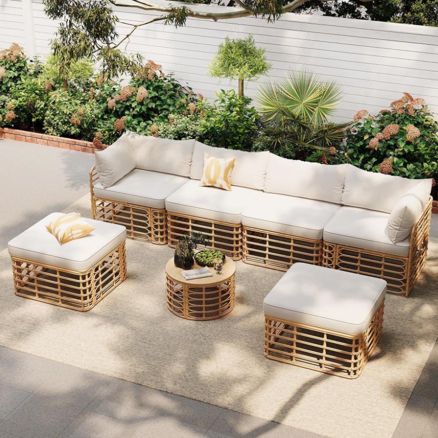 7 Pieces Patio Furniture Set, Wicker Sectional Table and Chairs Sets, Patio Conversation Set with Sectional Chaise Longue, Coffee Table, Suitable for Porch Backyard Garden, Beige