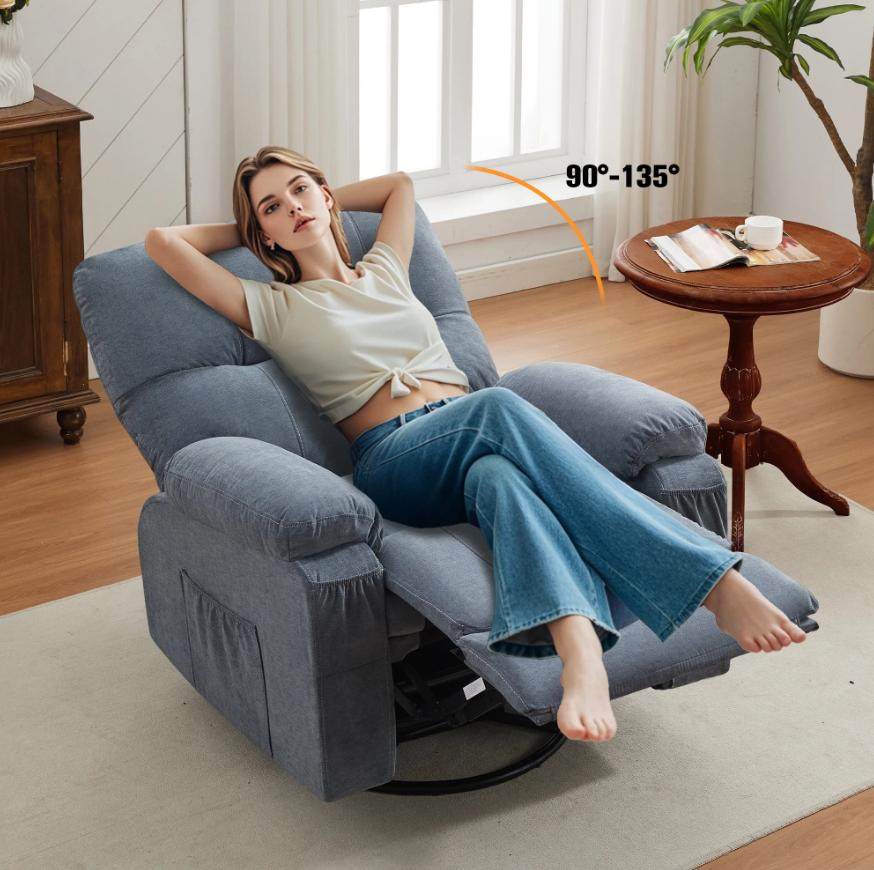 Segmart Swivel Rocker Recliner Chair with Soft Cushion and Backrest, 360 Degree Swivel Rocking Single Sofa with Side Pocket, Big Large Oversized Recliner Chair for Living Room, Blue