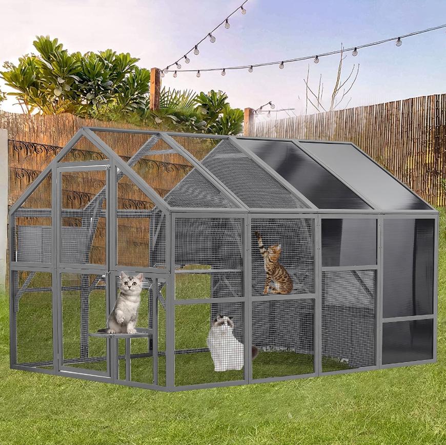 Segmart Cat House Outdoor Catio, 108.7'' Weatherproof UV Proof Walk-in Catio Large Cat Enclosure Surper Large for 15-20 Cats, Cat Cage Iguana Cage with Sunshine Board & Bouncy Bridge, Dark Grey