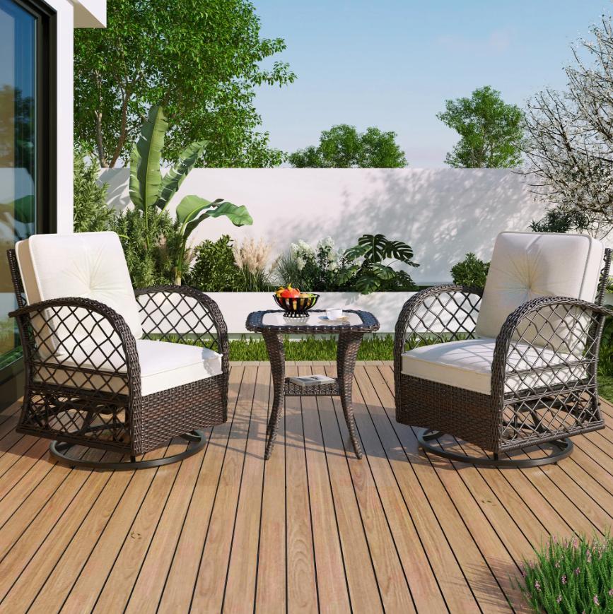 Patio Wicker Chairs Swivel Rocker, Segmart Outdoor Swivel Rocking Chairs Set of 2 with Rattan Side Table, Patio Swivel Glider Chair 3 Piece Patio Furniture Sets for Patio Porch Pool, Brown