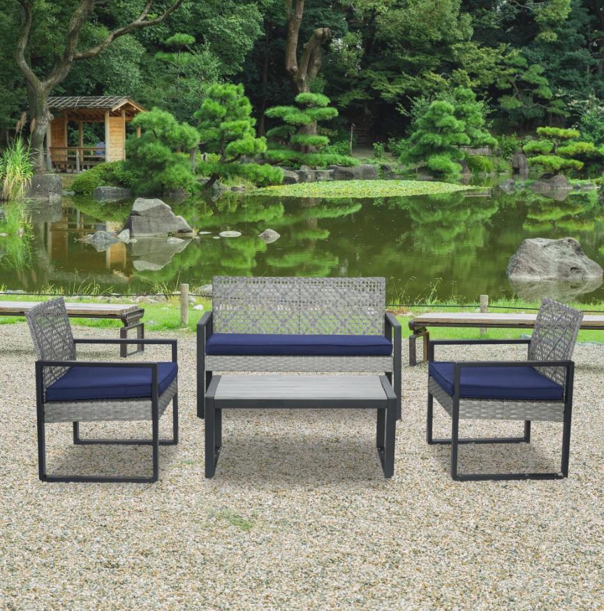 Segmart Patio Conversation Set for Outdoor, 2025 Upgrade 4-Piece Conversation Furniture Set w/Loveseat Sofa, 2 Single Sofas, Coffee Dining Table and Padded Cushions, Max Weight 705 lbs, Gray