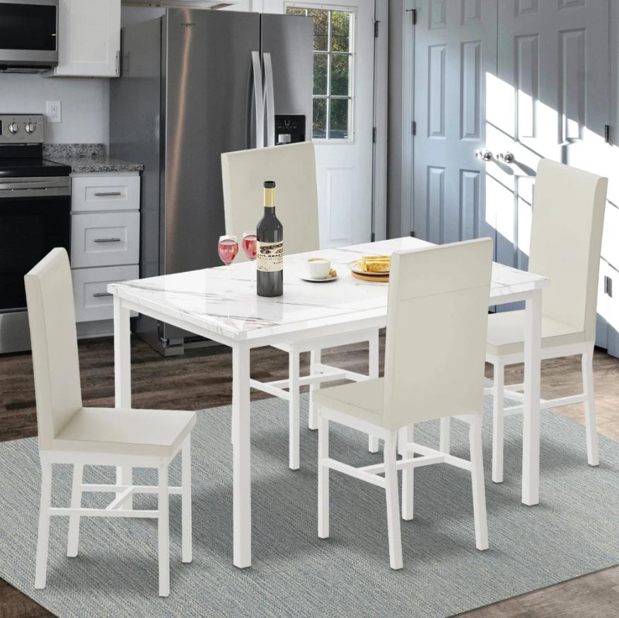 Kitchen Table and 4 Chairs Set, Metal Kitchen Table Sets Faux Marble Rectangular Breakfast Table w/Metal Legs & White Finish Frame, Dining Table Sets for an Apartment Breakfast, S12528