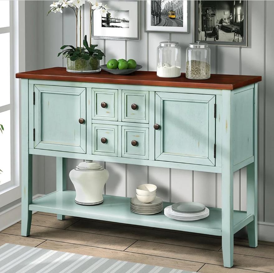 Console Table with 4 Storage Drawers,Storage Vintage Wood Buffet Sideboard Desk with 2 Cabinets and Bottom Shelf, Retro Entryway Table Cupboard for Living Room, Foyer, Hallway