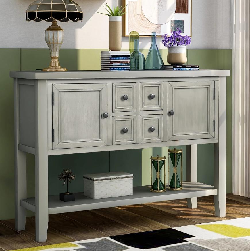 Console Table with 4 Storage Drawers,Storage Vintage Wood Buffet Sideboard Desk with 2 Cabinets and Bottom Shelf, Retro Entryway Table Cupboard for Living Room, Foyer, Hallway