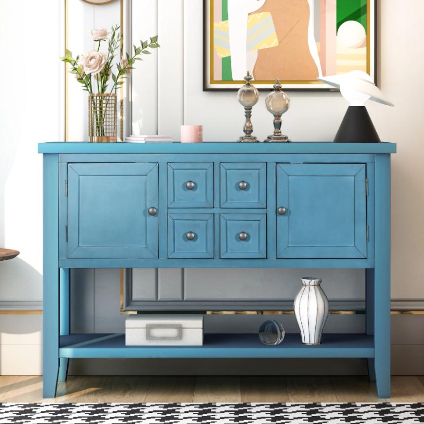 Console Table with 4 Storage Drawers,Storage Vintage Wood Buffet Sideboard Desk with 2 Cabinets and Bottom Shelf, Retro Entryway Table Cupboard for Living Room, Foyer, Hallway