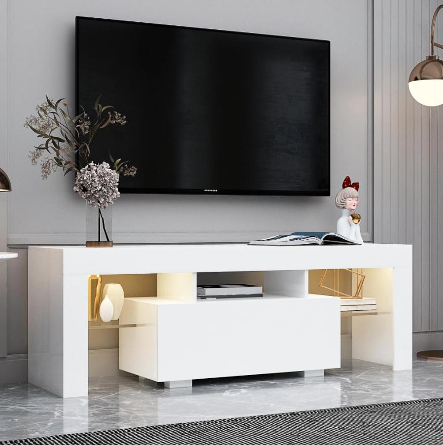 Segmart TV Stand Livingroom Furniture with LED Lights, Modern High Gloss Entertainment Center with 2 Storage Drawers and Open Shelves for Up to 60 Inch TVs, Television Stands Console Table, White