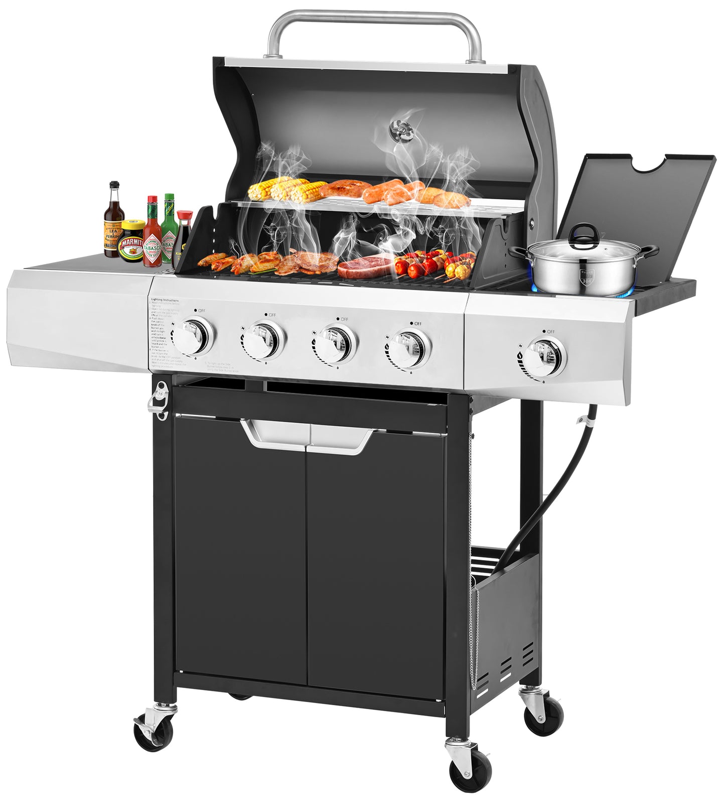 4-Burner Gas Grill with Side Burner, 51,000 BTU Propane BBQ Grill with Porcelain-Enameled Cast Iron Grates, Built-in Thermometer, Ideal for Patio Camping Outdoor Cooking