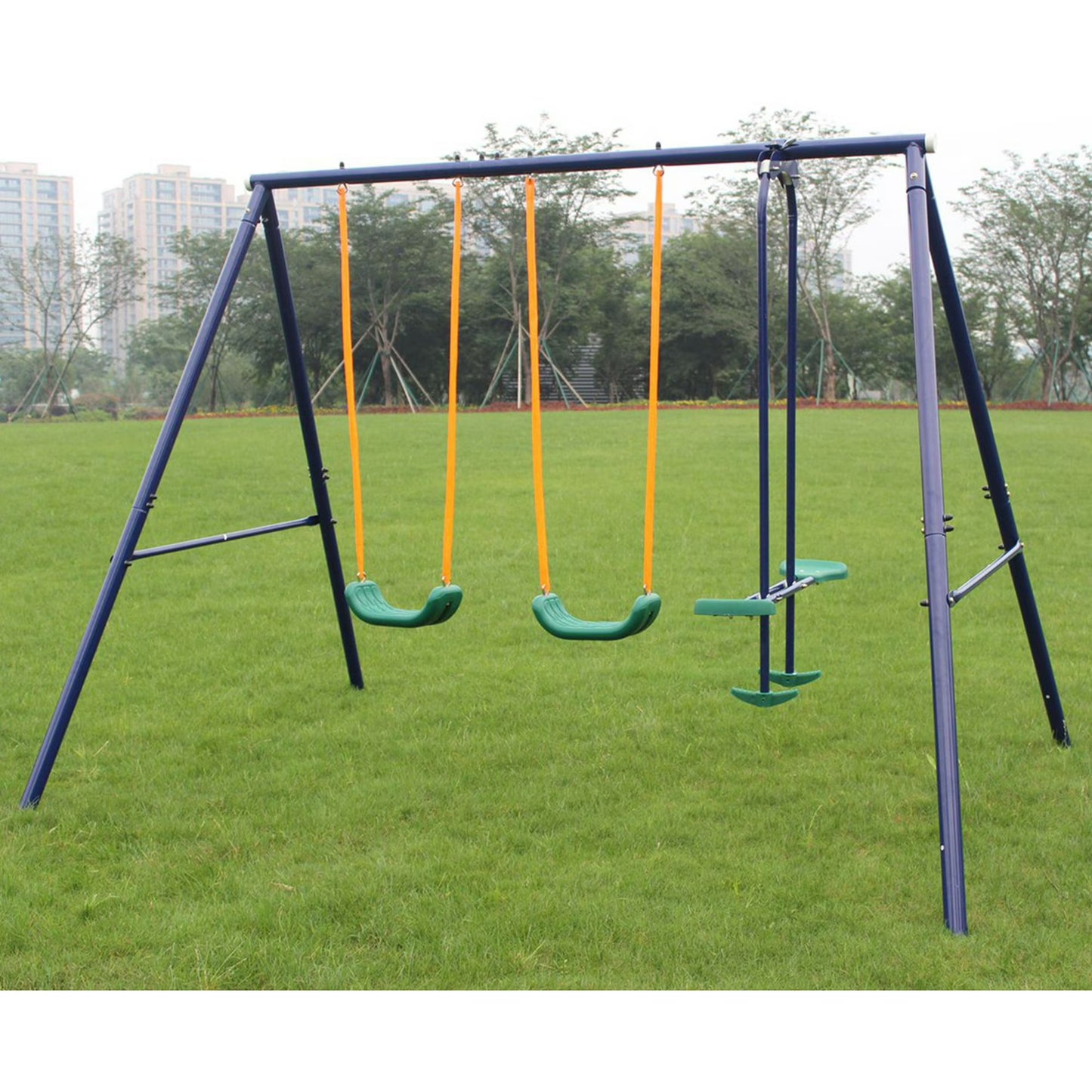 Metal Swing Sets for Kids, SEGMART Outdoor Swing Set with 2 Belt Swings, Glider, Kids Swing Sets for Backyard, Heavy Duty Swing Set, Outdoor Playset, Green