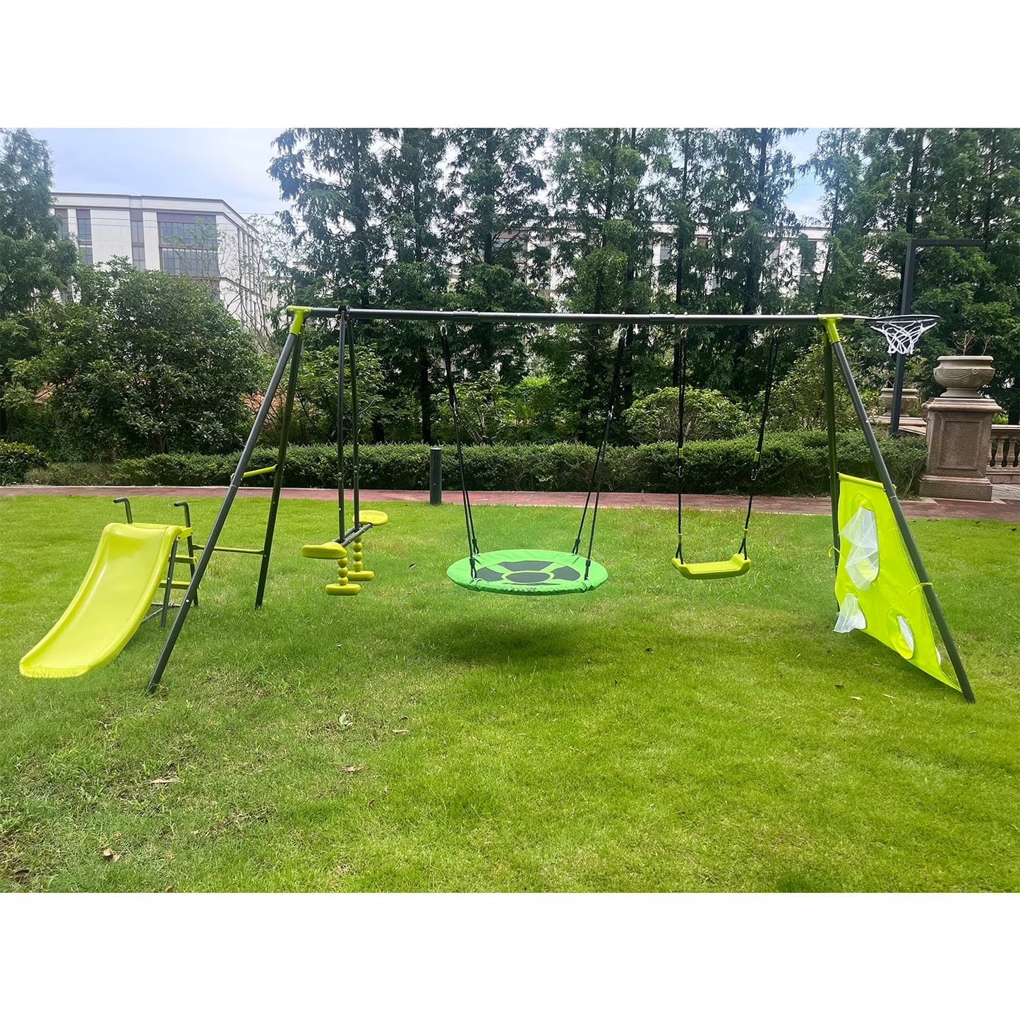 5 in 1 Outdoor Metal Swing Set with Seesaw Swing, Playground Swing Sets with Heavy-Duty A-Frame Metal Outdoor Stand, Swing n' Slide Playset for Kids with Basketball Hoop