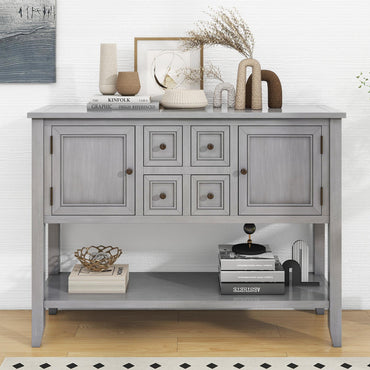 46''x15''x34'' Console Table with 4 Storage Drawers, Wood Buffet Sideboard Desk with 2 Cabinets and Bottom Shelf, Retro Wood Console Table Storage Cabinet for Dining Room Entryway, Lime White, L2469